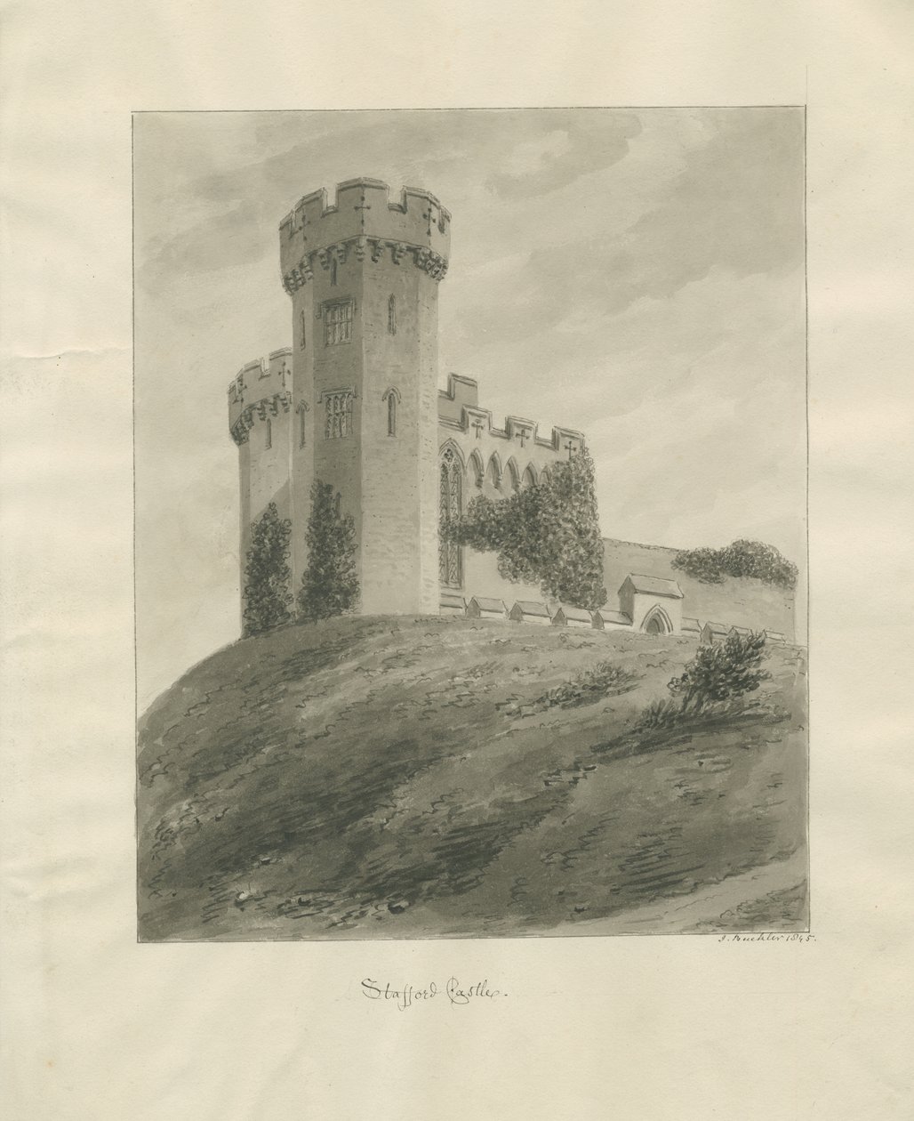 Igreja do Castelo - Castelo de Stafford: desenho sépia de John Buckler