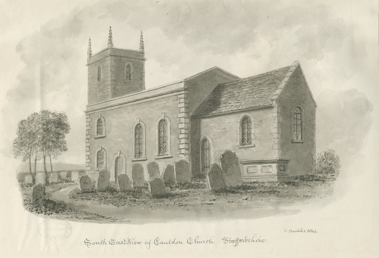 Igreja de Cauldon: desenho em sépia, 1844 de John Buckler
