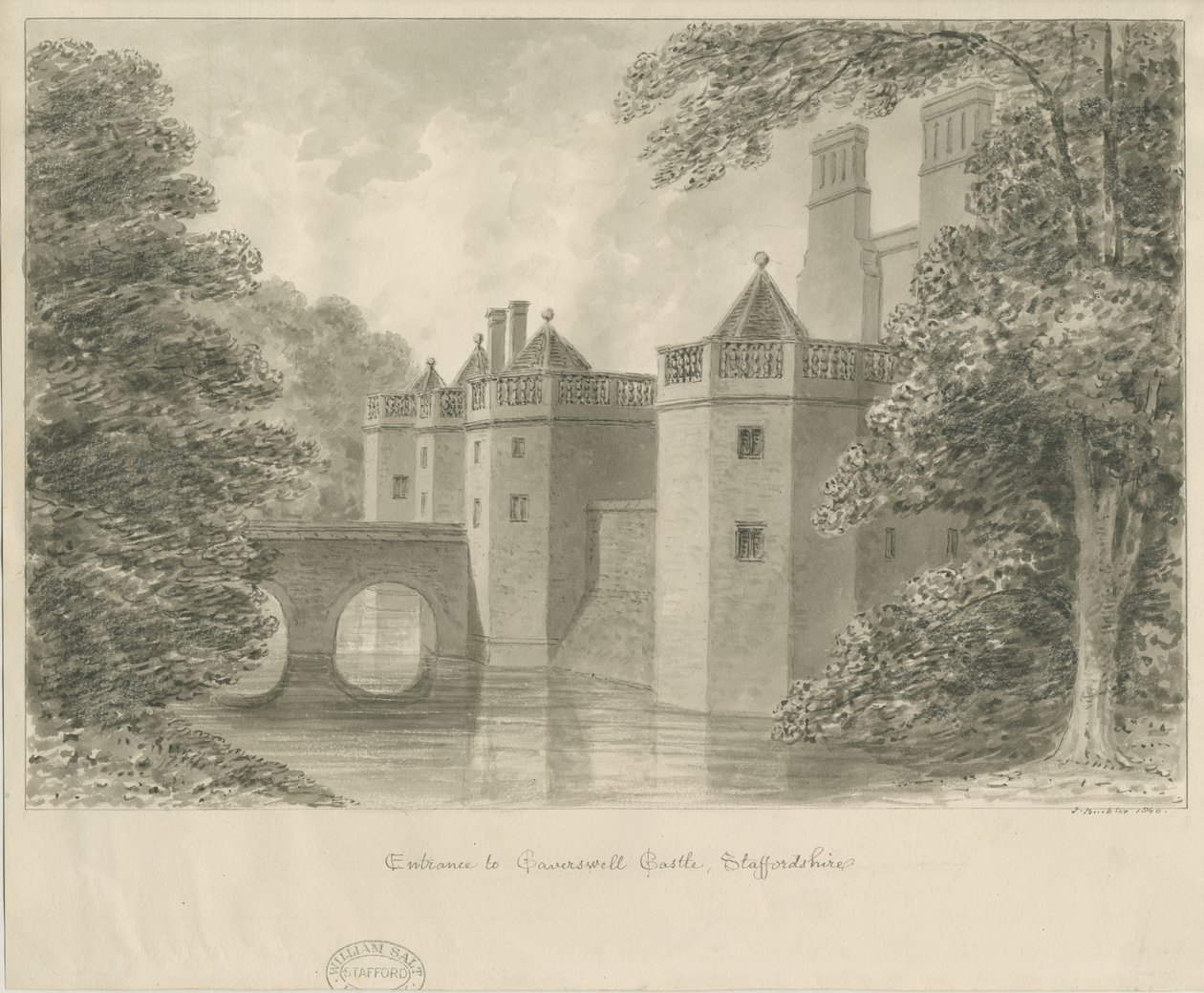 Castelo de Caverswall: desenho sépia, 1840 de John Buckler