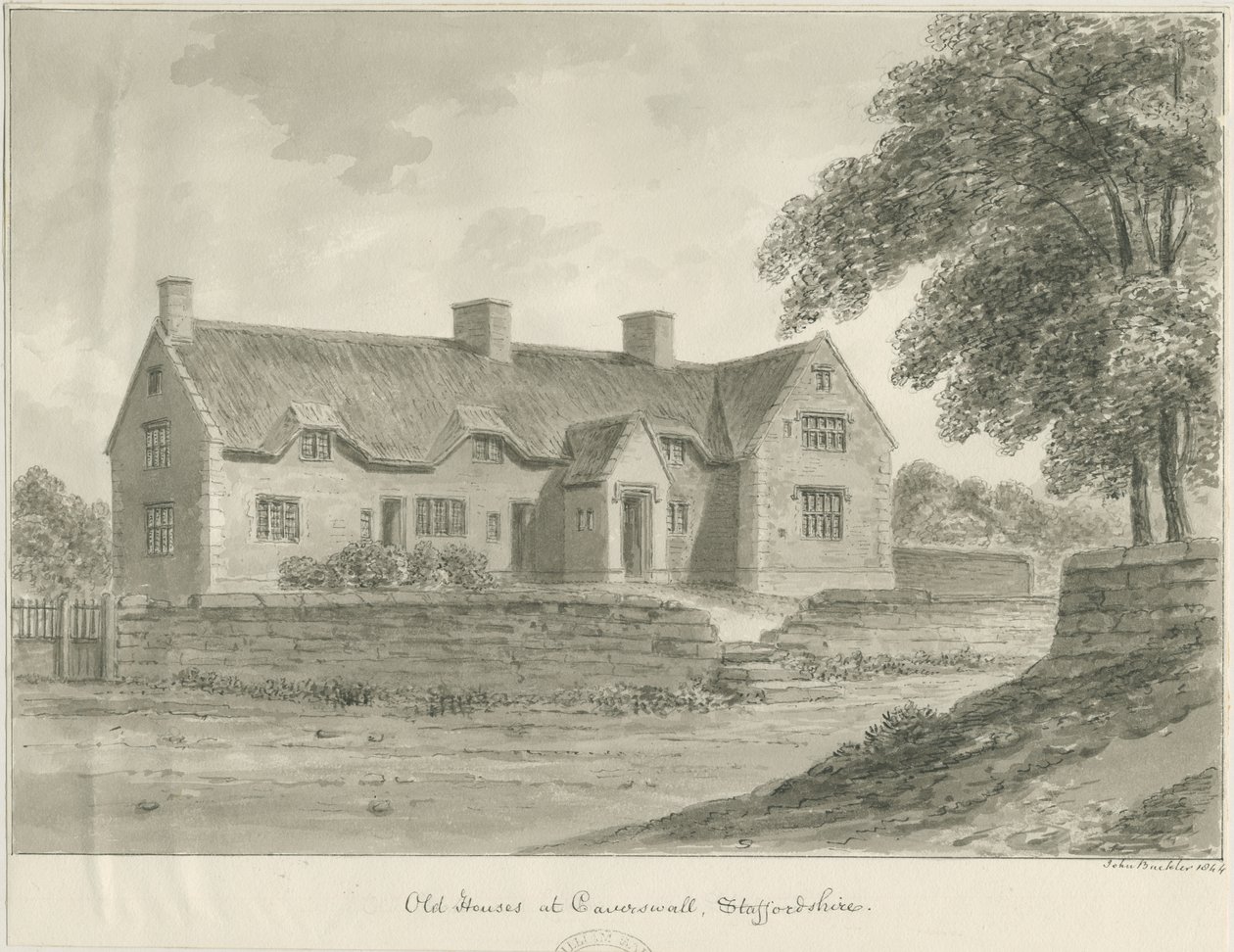 Caverswall Village - Casas Antigas: desenho em sépia, 1840 de John Buckler