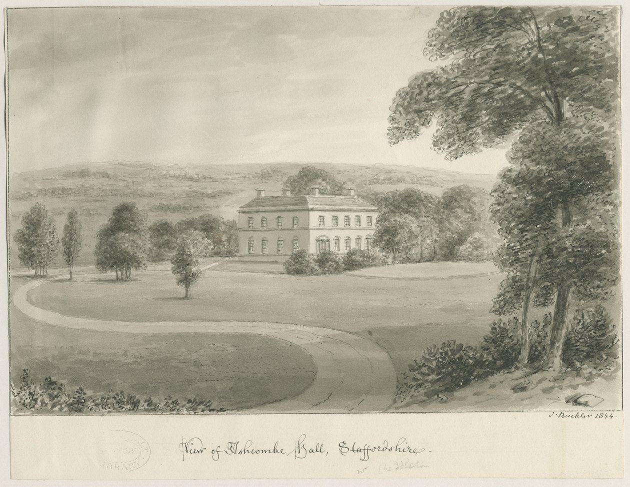 Cheddleton - Ashcombe Hall: desenho sépia, 1844 de John Buckler