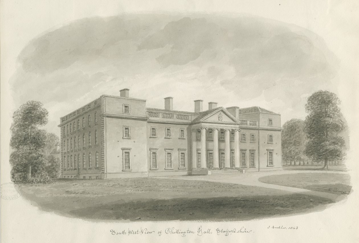 Chillington Hall: desenho sépia de John Buckler