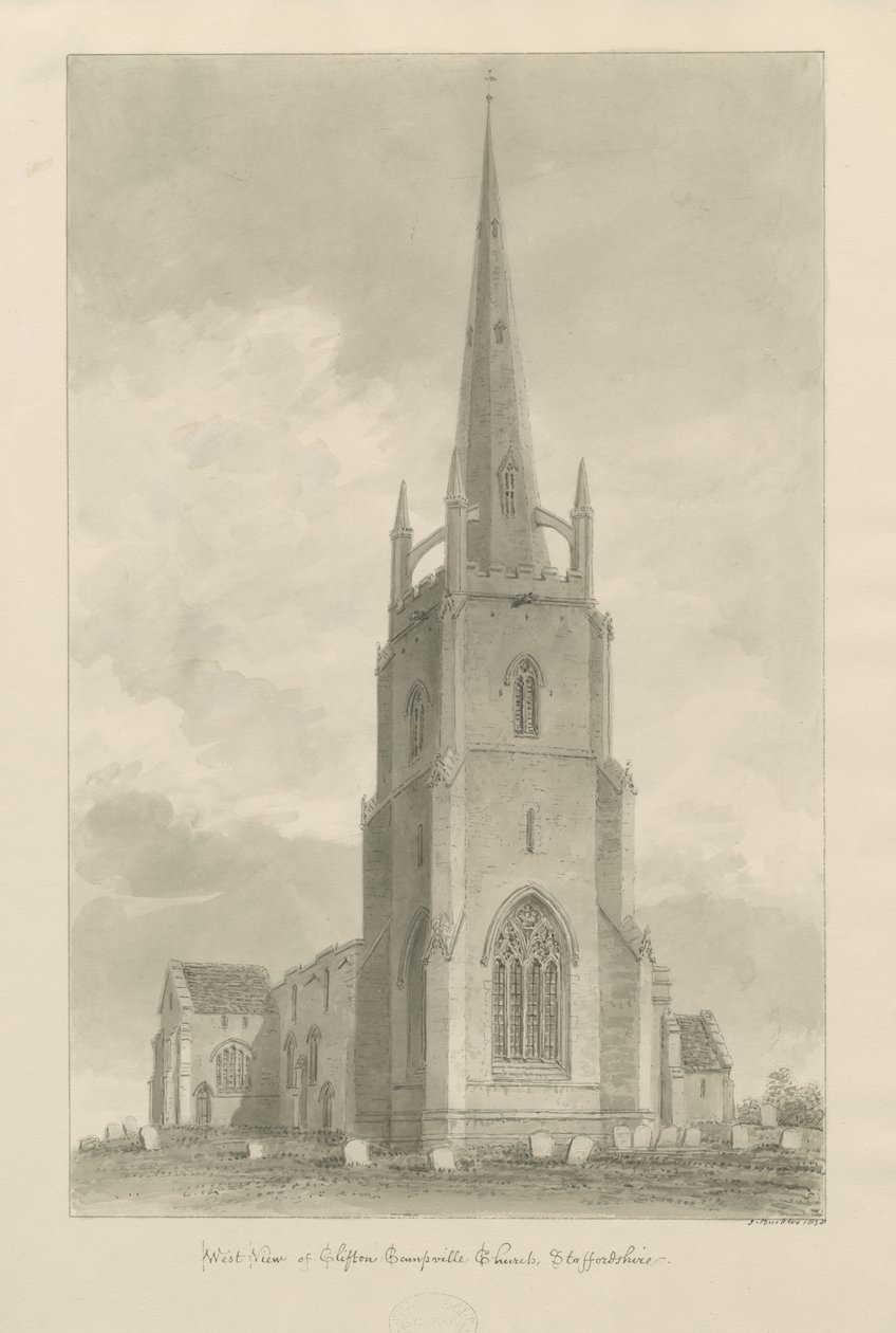Igreja de Clifton Campville: desenho em sépia, 1838 de John Buckler