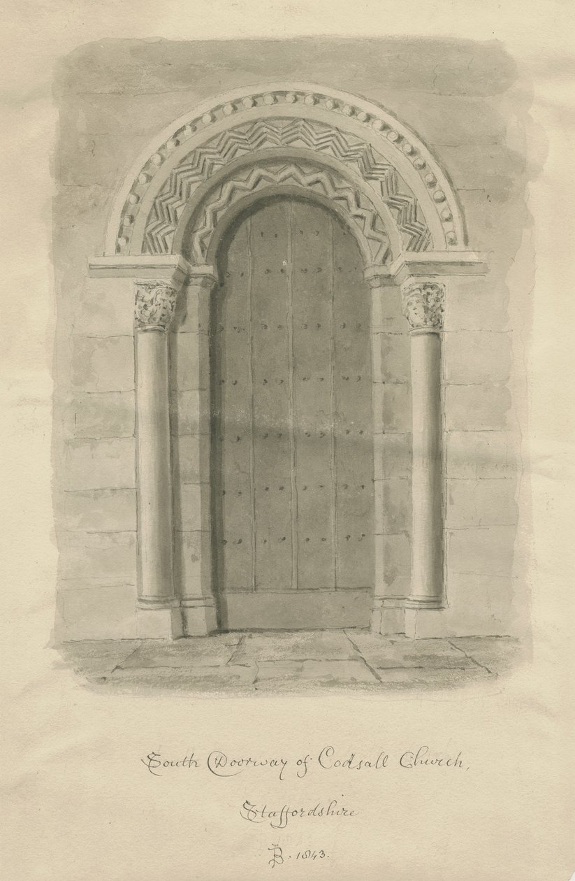 Igreja Codsall - Porta Sul: desenho sépia de John Buckler