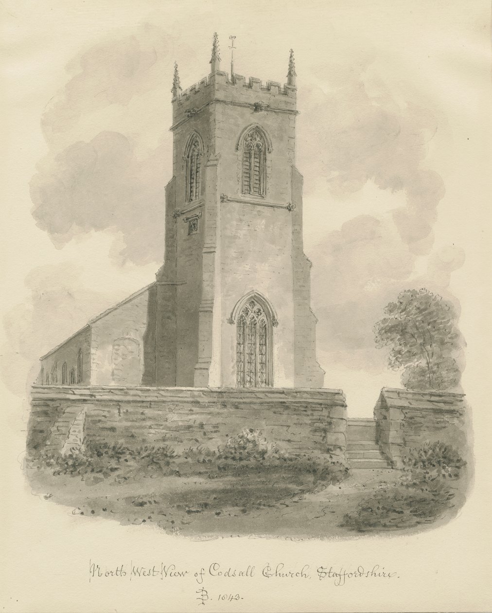 Igreja Codsall: desenho sépia de John Buckler