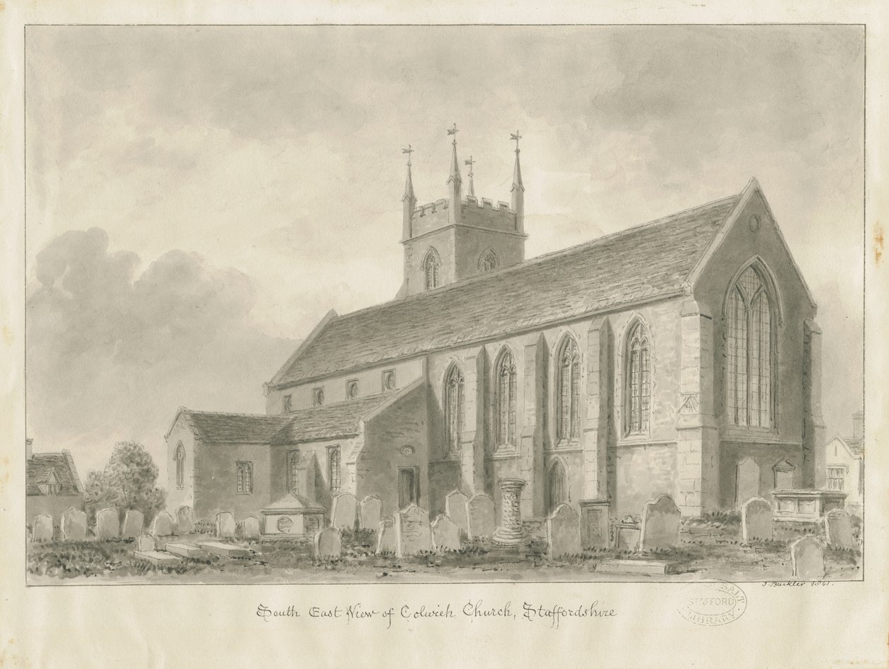 Igreja de Colwich: desenho sépia, 1841 de John Buckler