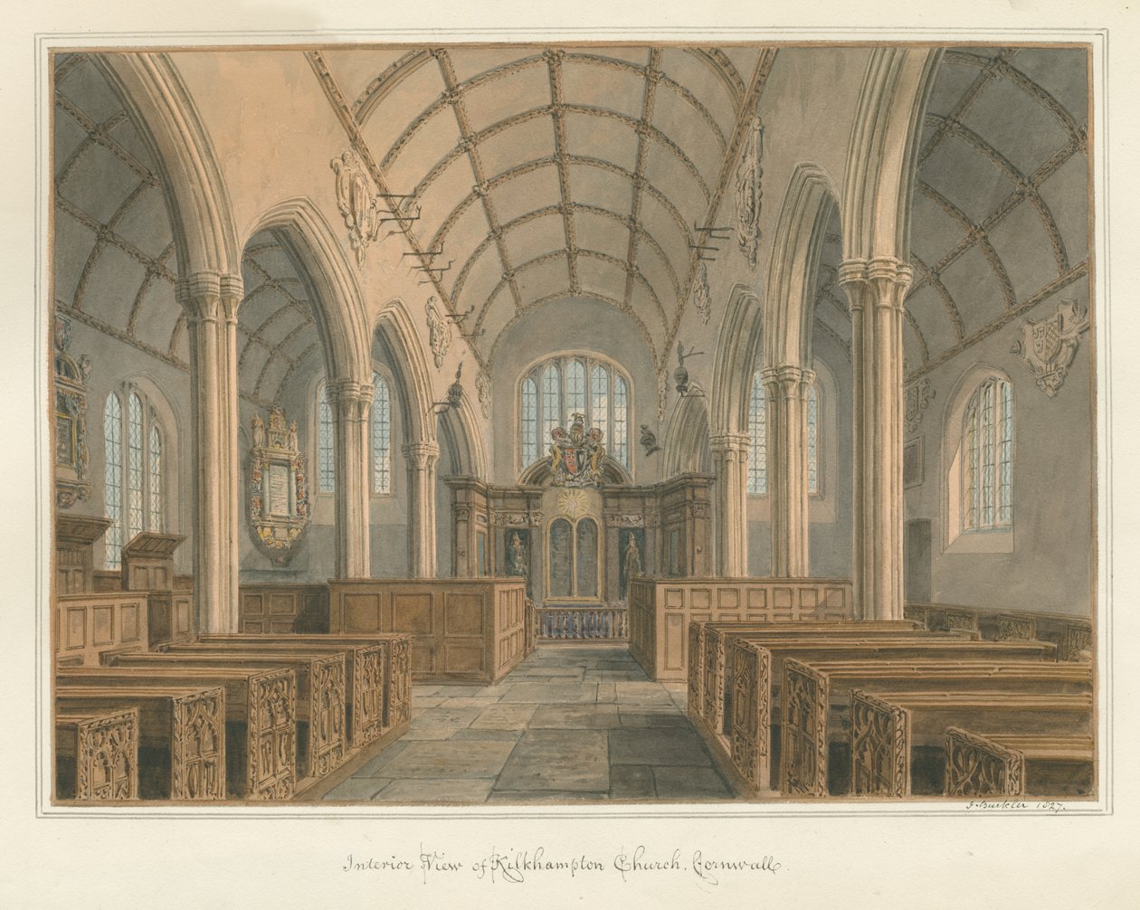 Cornualha - igreja de Kilkhampton - vista interior, 1827 de John Buckler