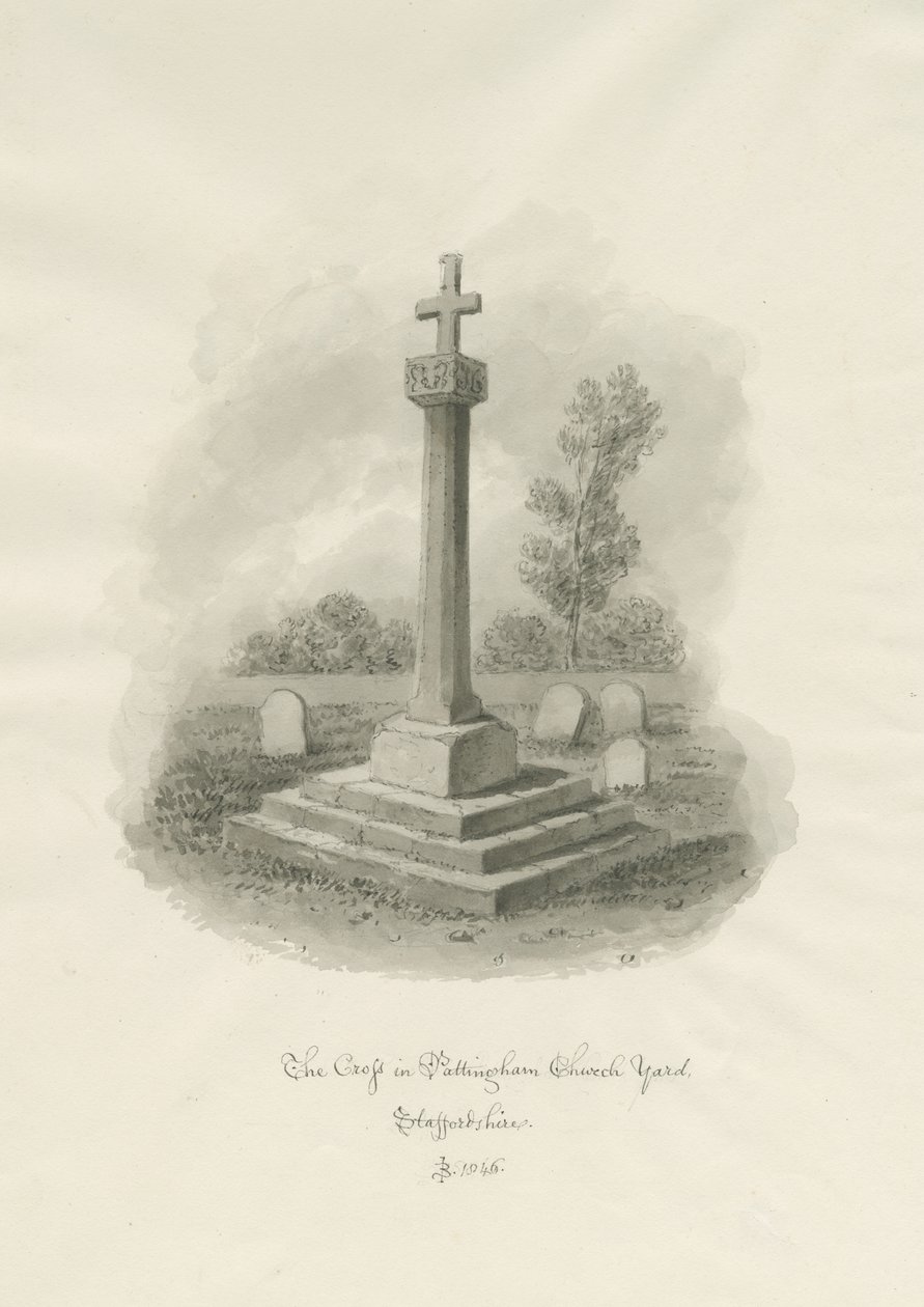 Cruz no pátio da Igreja de Pattingham: desenho sépia de John Buckler