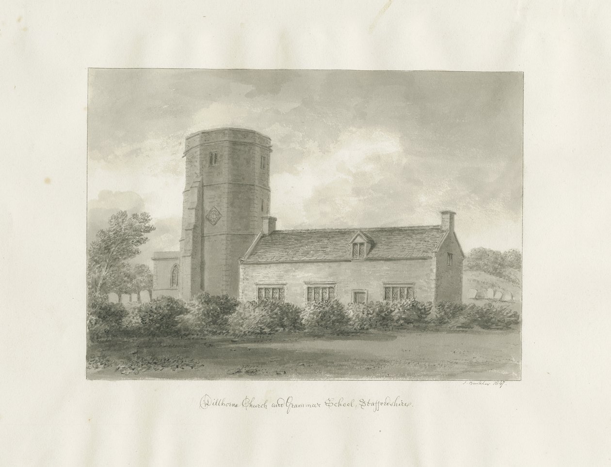 Dilhorne - Igreja e Escola de Gramática: desenho sépia de John Buckler