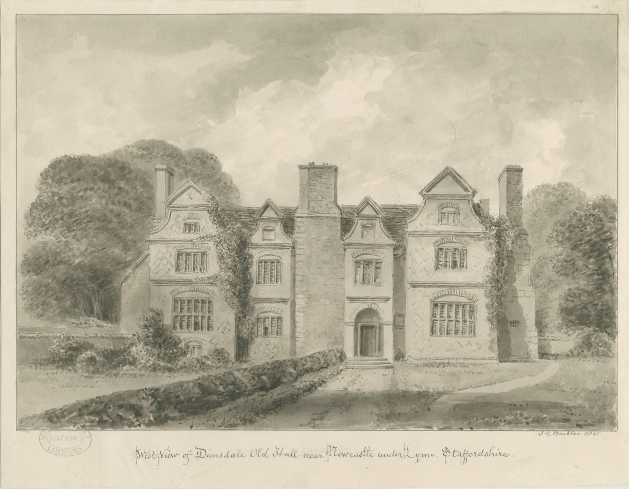 Dimsdale Old Hall: desenho em sépia, 1841 de John Buckler