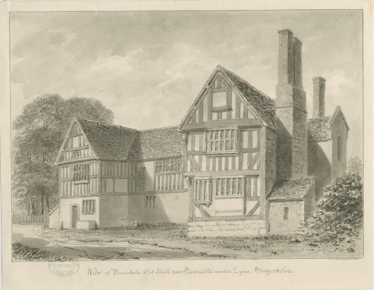 Dimsdale Old Hall: desenho em sépia, 1841 de John Buckler