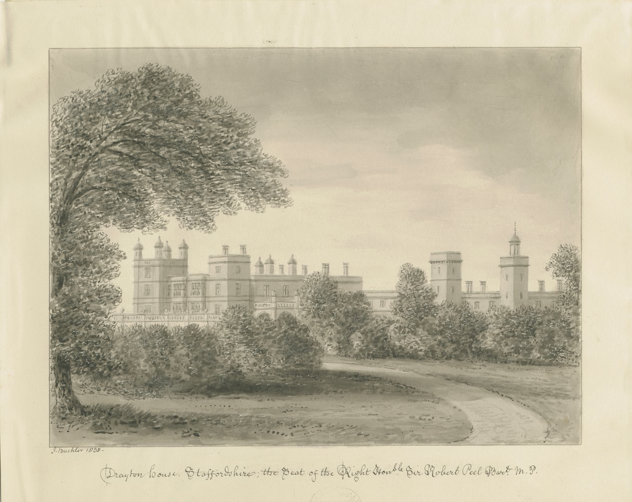 Drayton Bassett - "Drayton Manor": desenho em sépia, 1838 de John Buckler