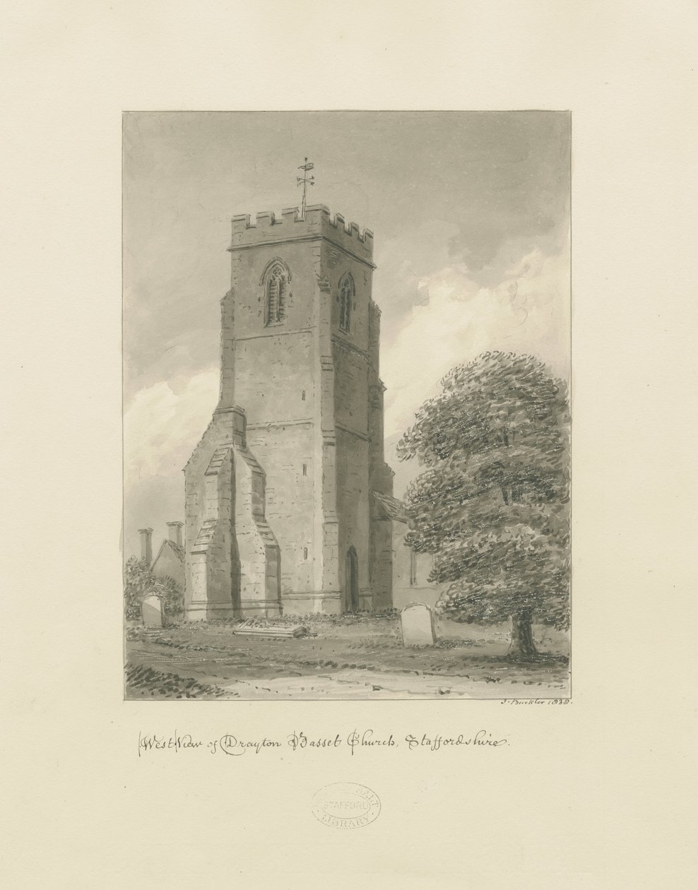 Igreja Drayton Bassett: desenho em sépia, 1838 de John Buckler