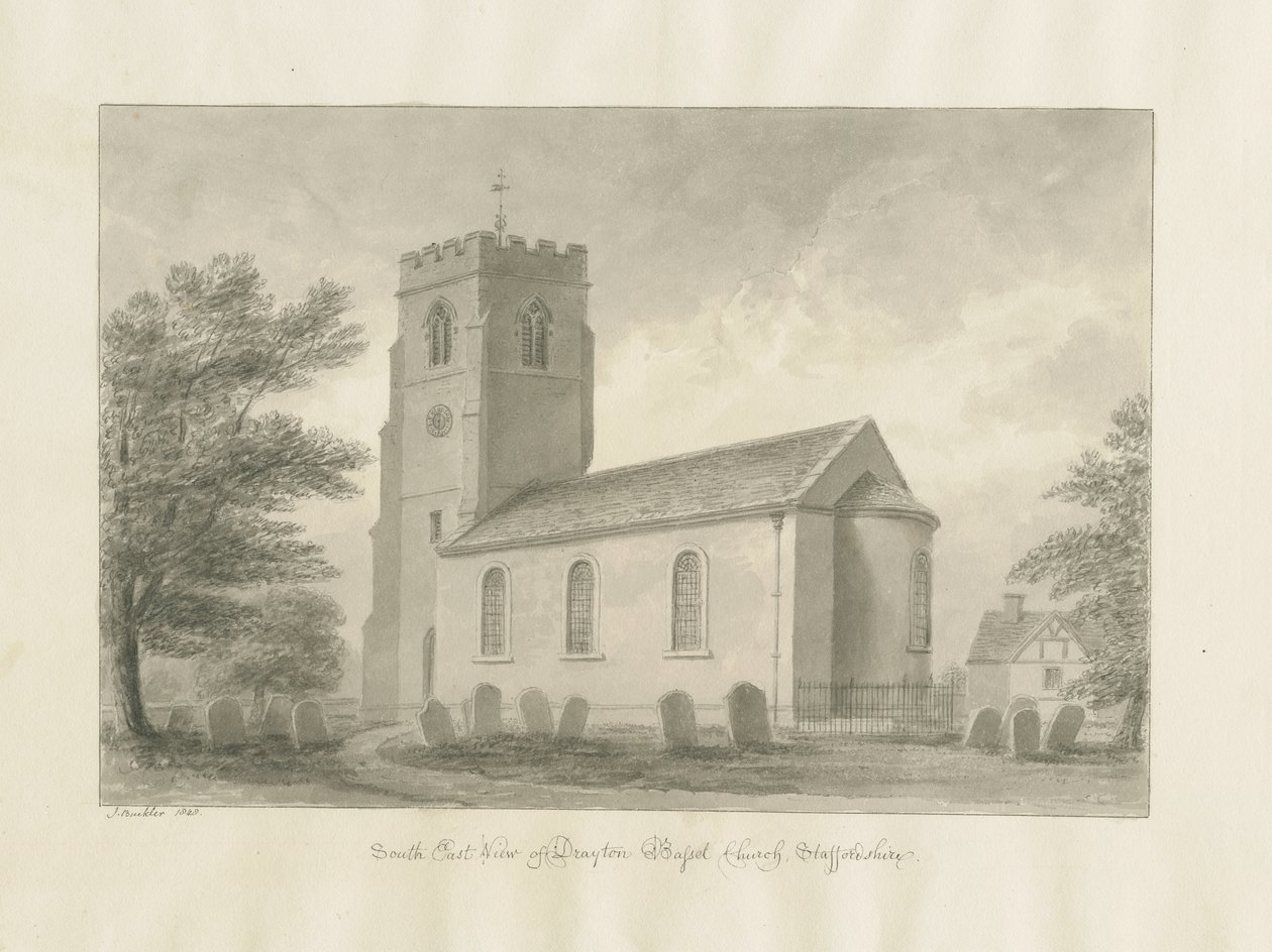 Drayton Bassett Church: desenho em sépia, 1848 de John Buckler