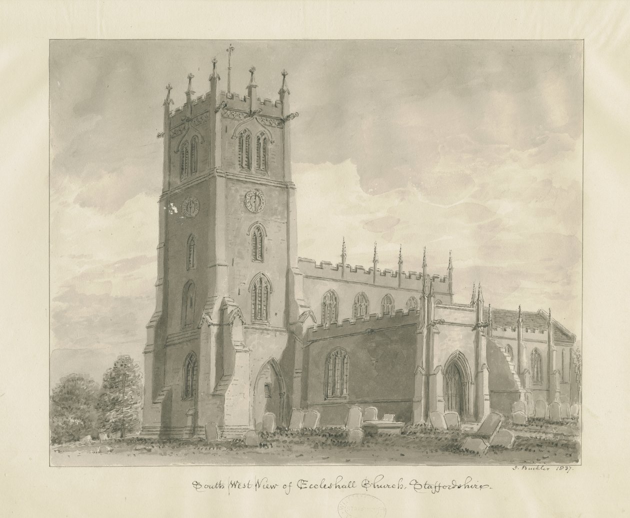 Eccleshall Church: desenho sépia de John Buckler