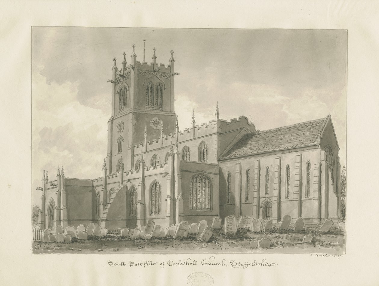 Eccleshall Church: desenho sépia de John Buckler