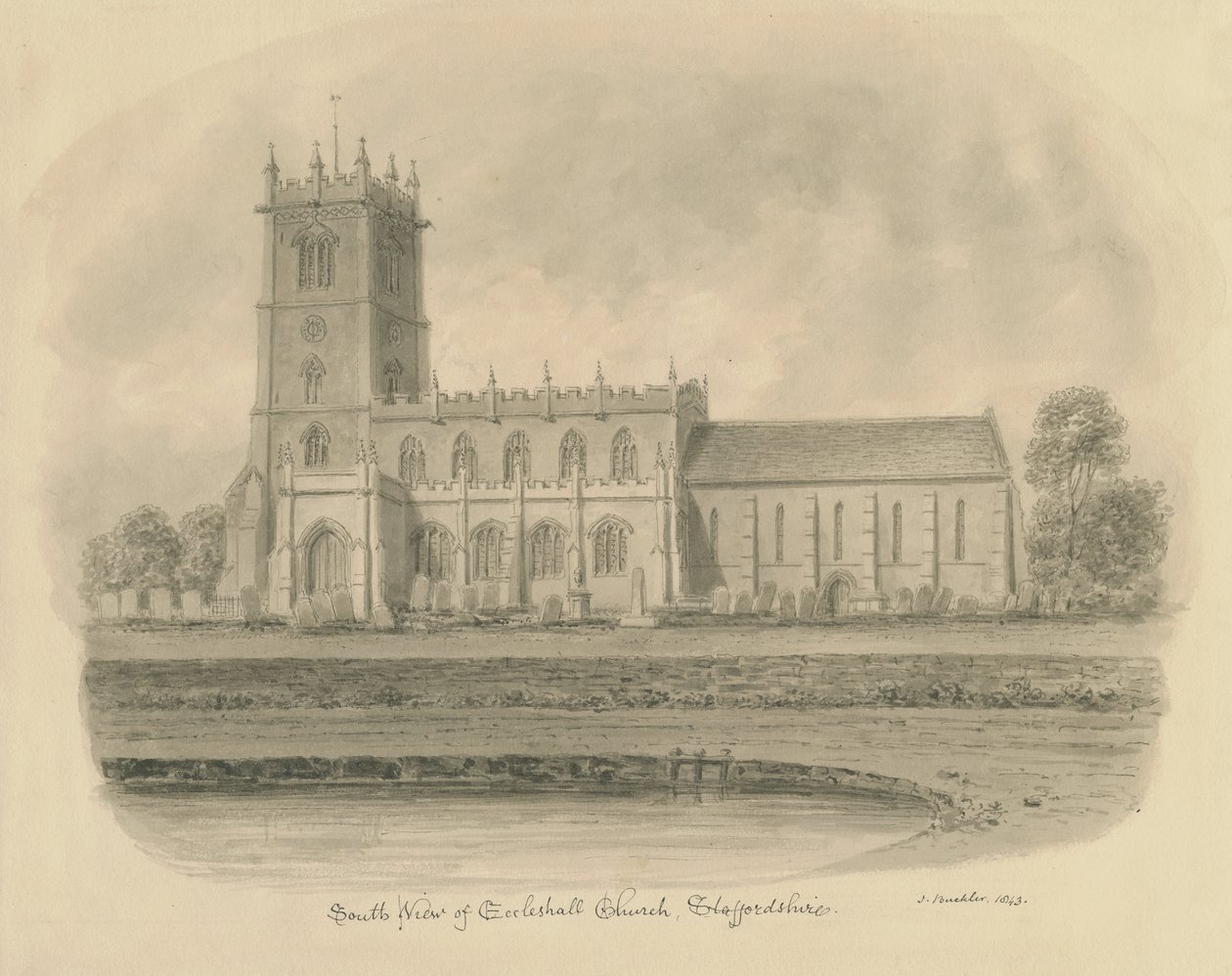 Eccleshall Church: desenho sépia de John Buckler