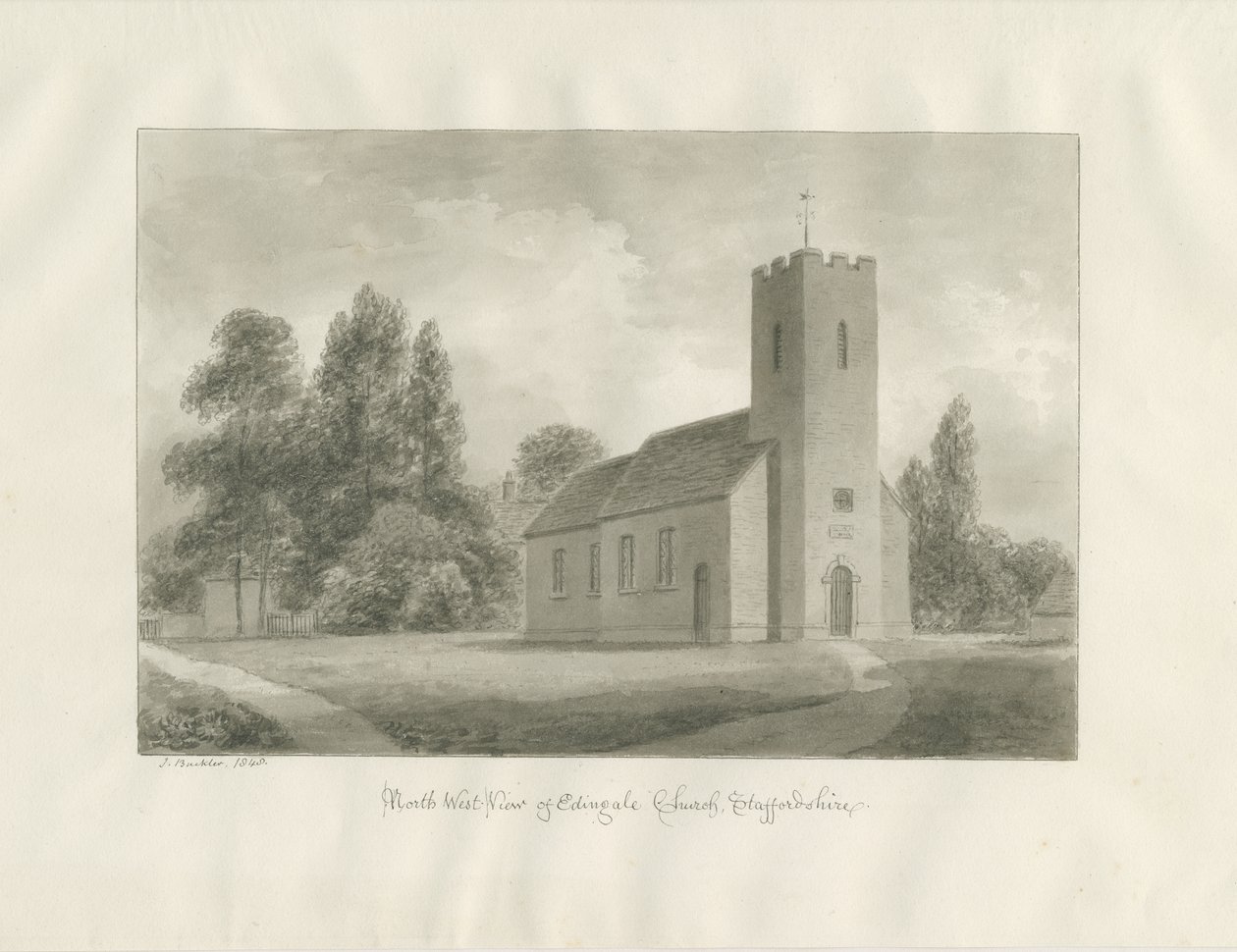 Igreja de Edingale: desenho sépia de John Buckler
