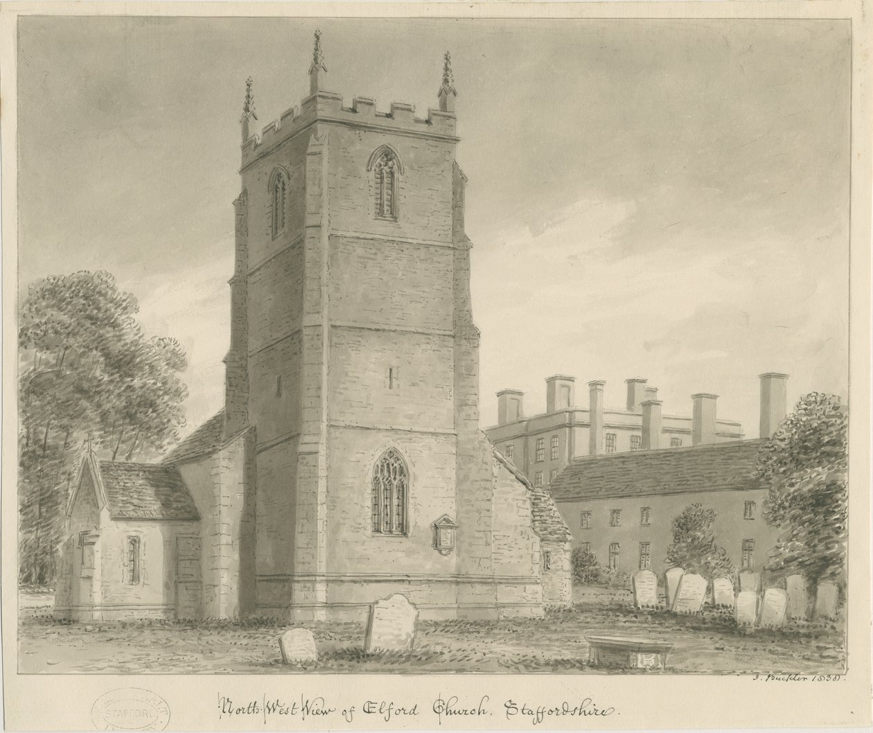 Igreja de Elford: desenho em sépia, 1838 de John Buckler