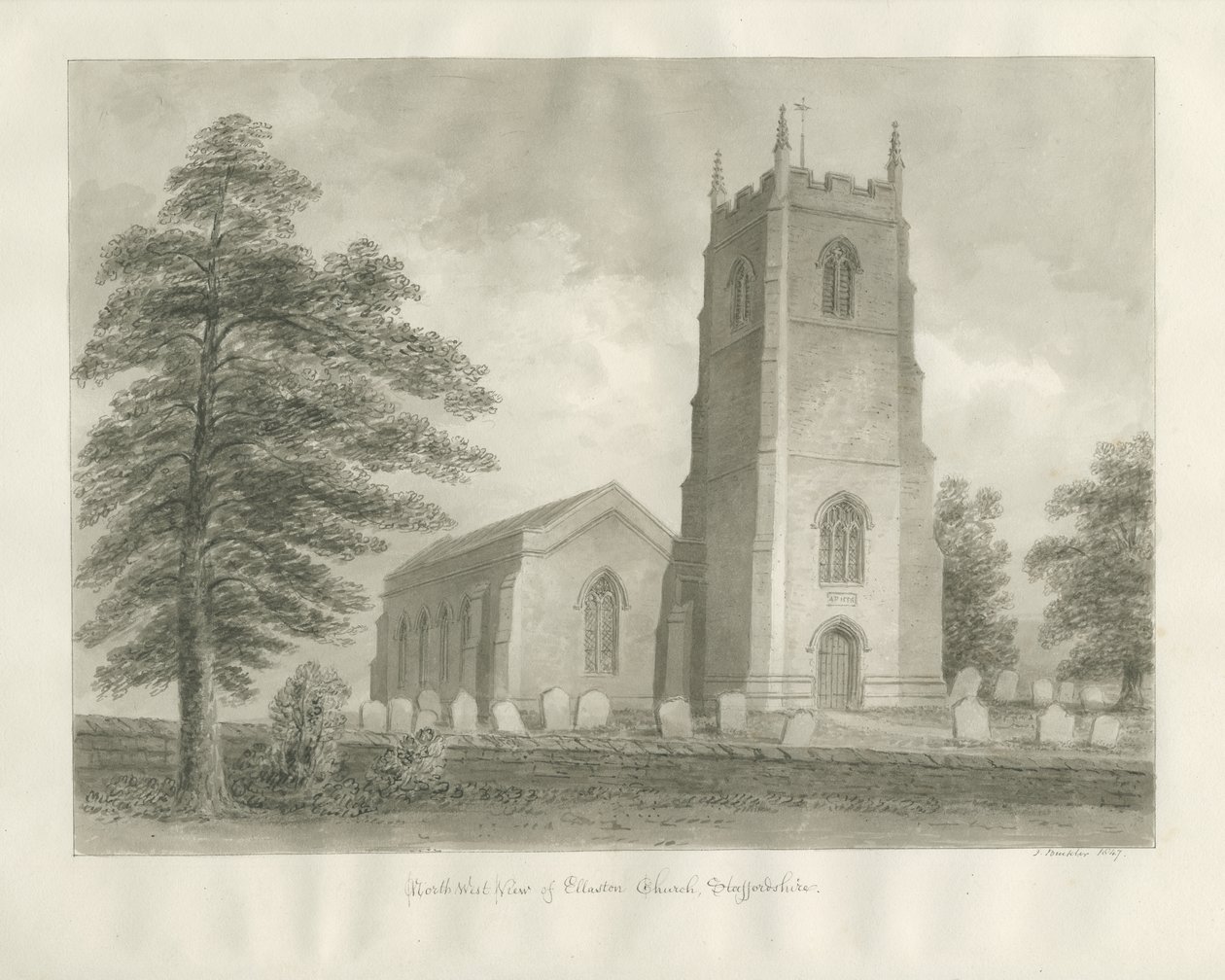 Igreja de Ellastone: desenho em sépia, 1847 de John Buckler
