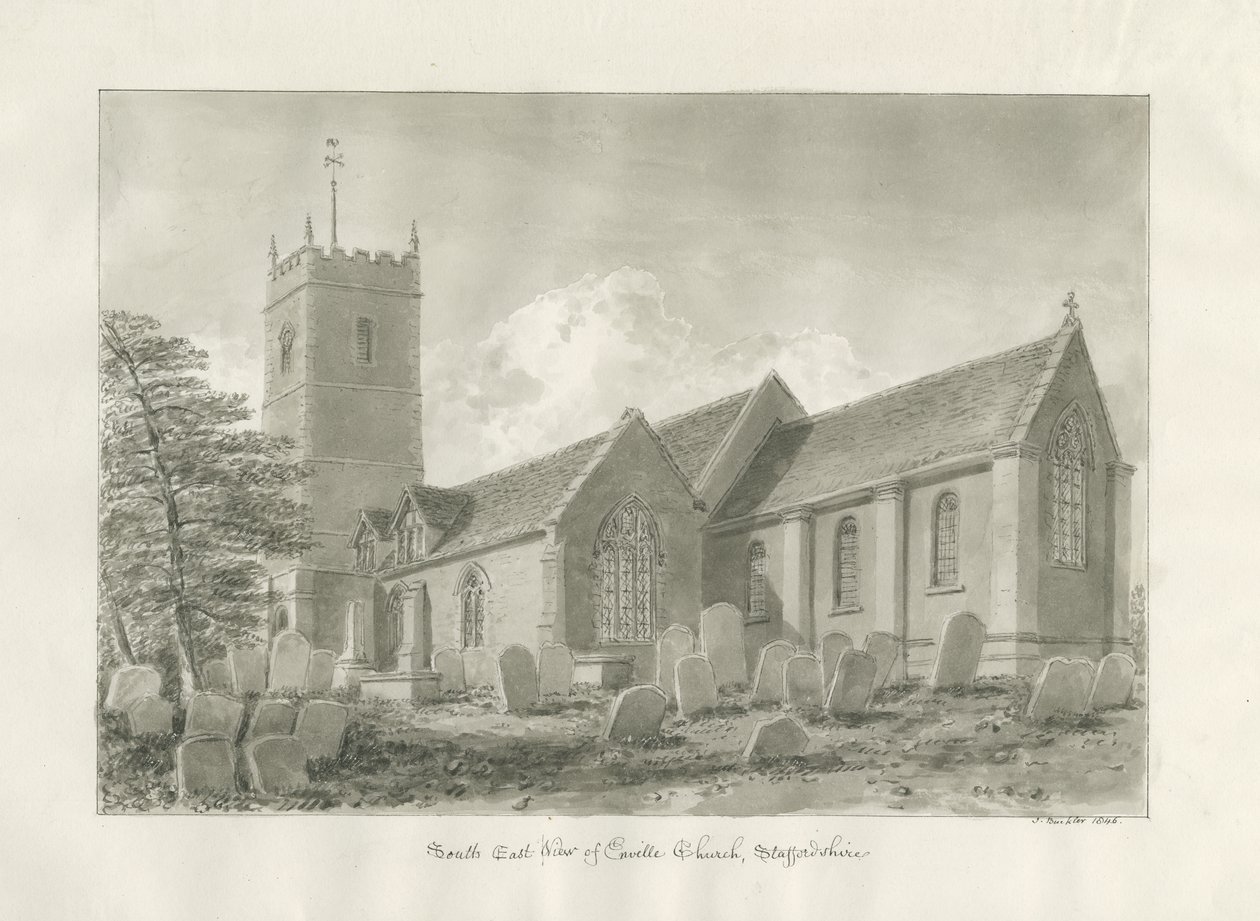 Igreja Enville: desenho sépia, 1846 de John Buckler