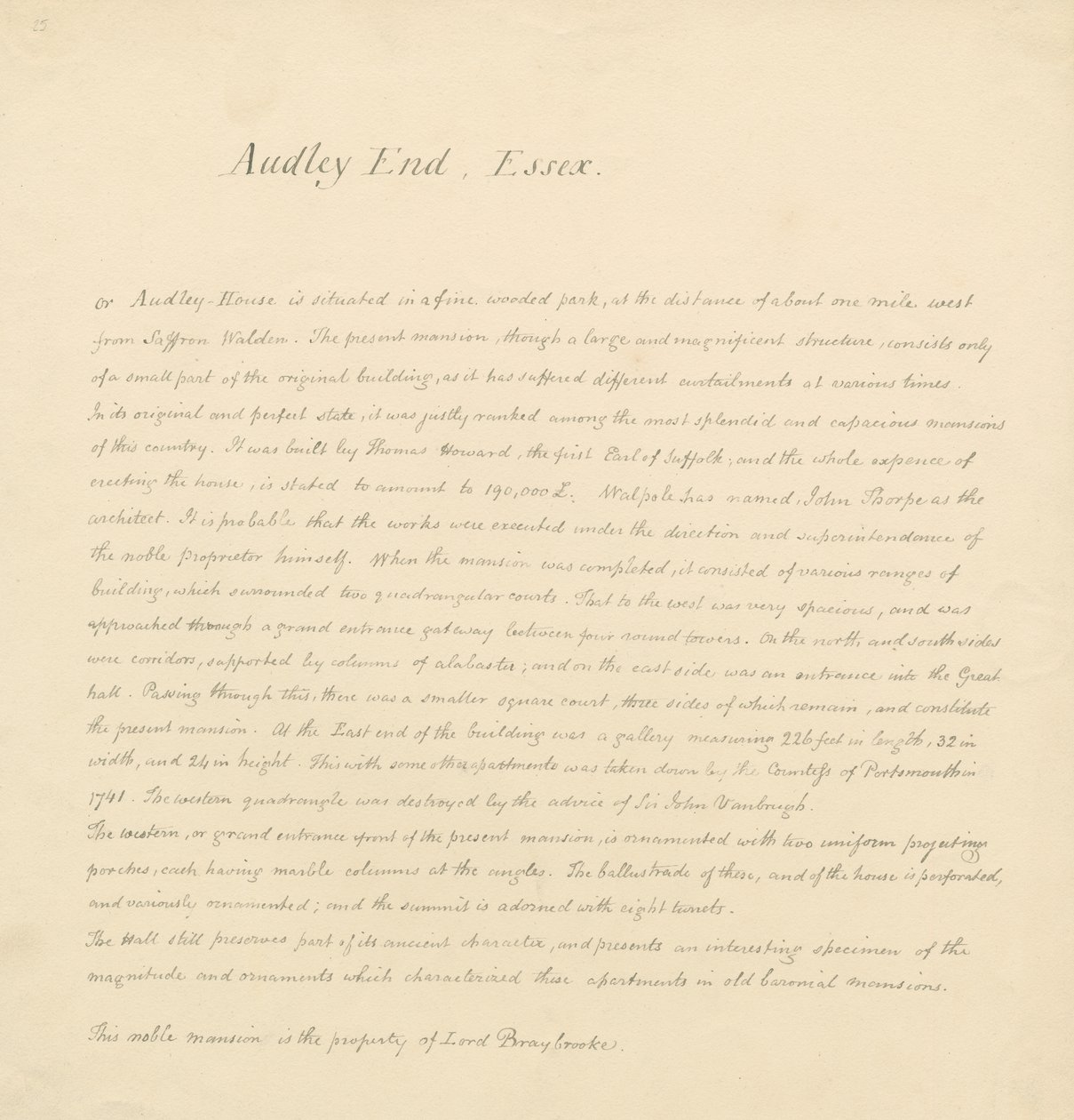 Essex - Audley End - Descrição Histórica: manuscrito de John Buckler
