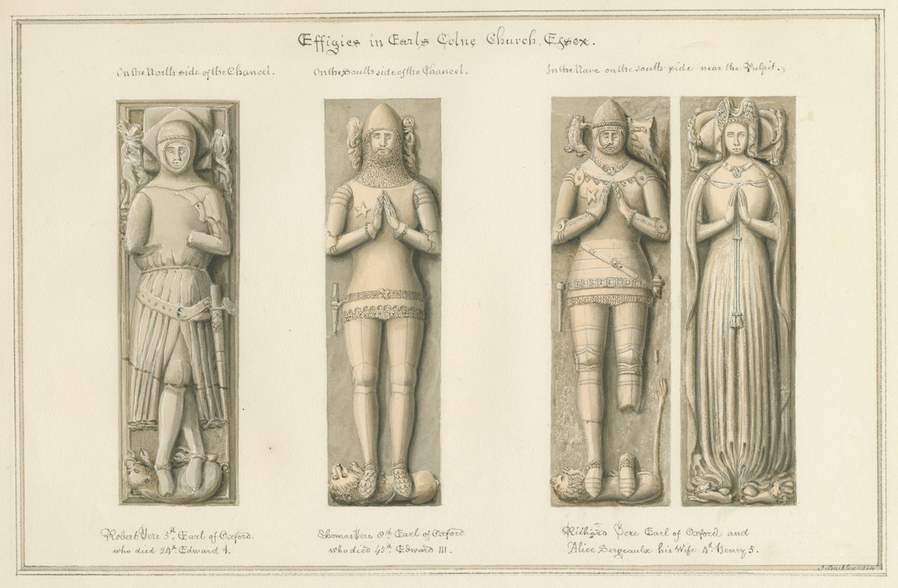 Essex - Igreja de Earls Colne - Efígies: desenho em sépia, 1824 de John Buckler