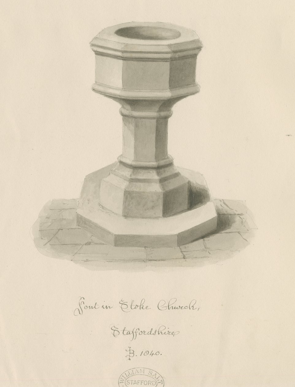 Igreja Font Stoke-upon-Trent: desenho em sépia de John Buckler