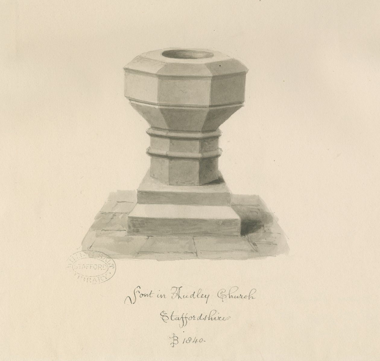 Fonte na Igreja Audley: desenho em sépia, 1840 de John Buckler