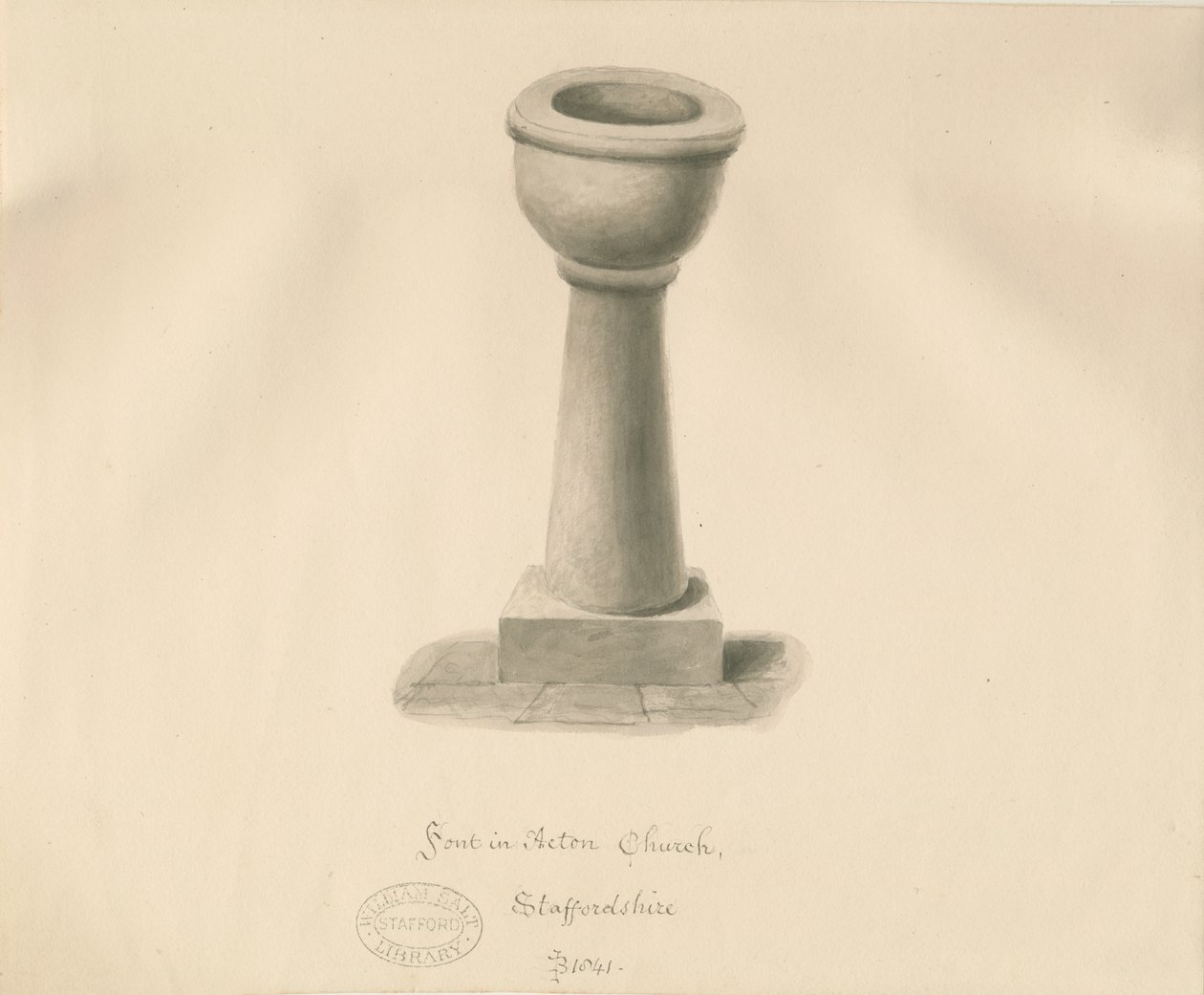 Fonte na Igreja Acton Trussell: desenho em sépia, 1841 de John Buckler
