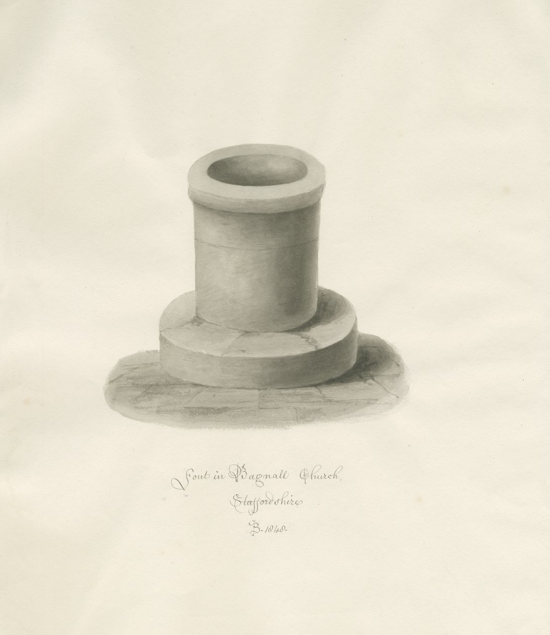 Fonte na Igreja de Bagnall: desenho sépia de John Buckler