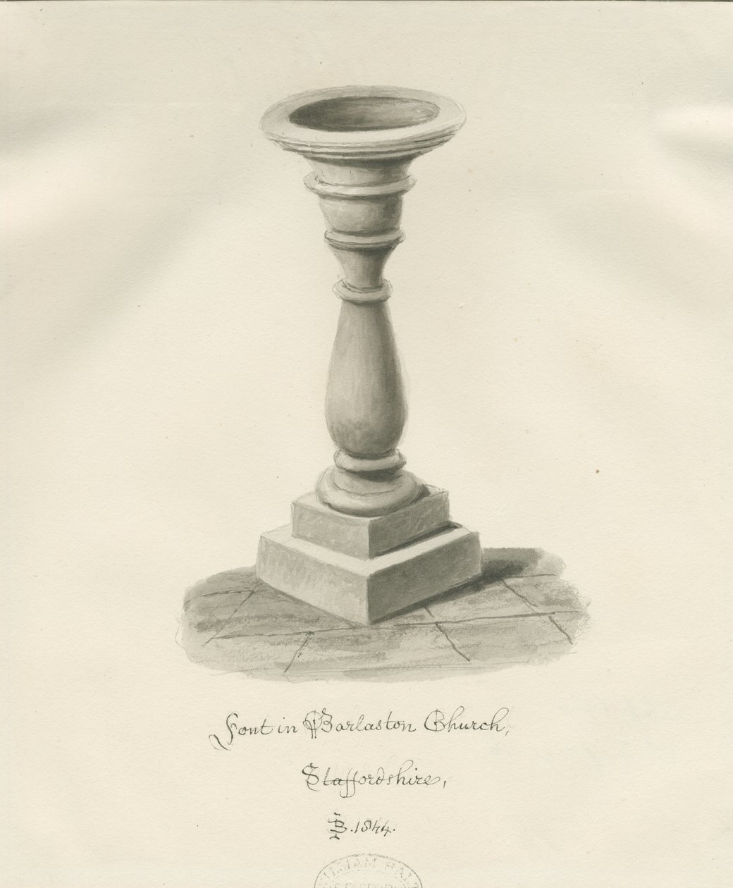 Fonte na Igreja Barlaston: desenho em sépia, 1844 de John Buckler