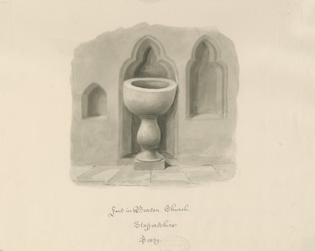 Fonte em Barton sob a Igreja Needwood: desenho em sépia de John Buckler