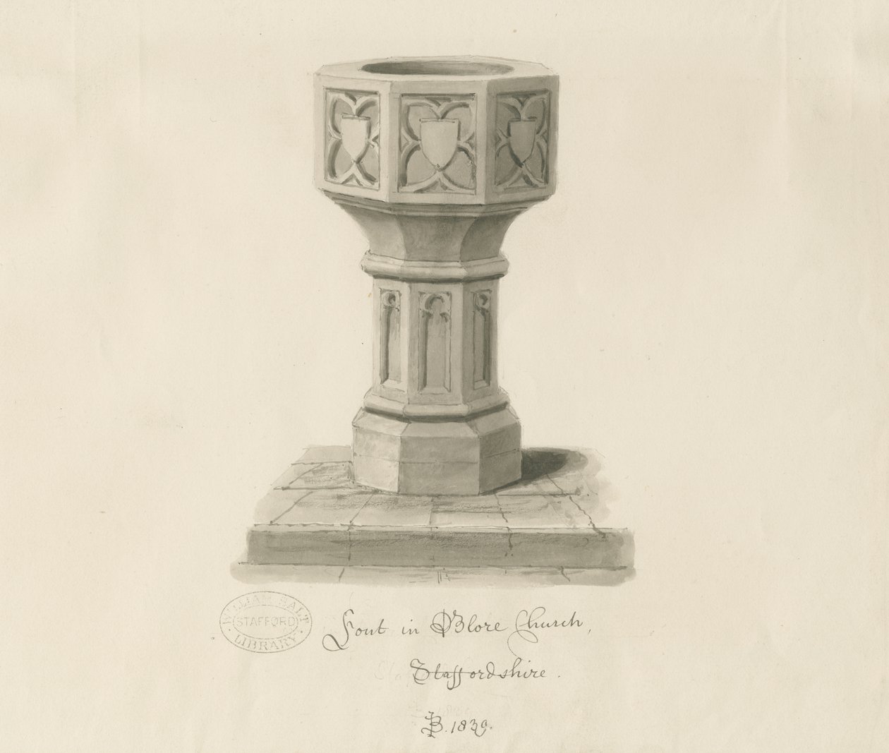 Fonte na igreja de Blore: desenho em sépia, 1839 de John Buckler