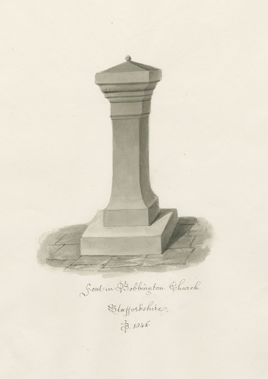 Fonte em Bobbington Church: desenho sépia de John Buckler