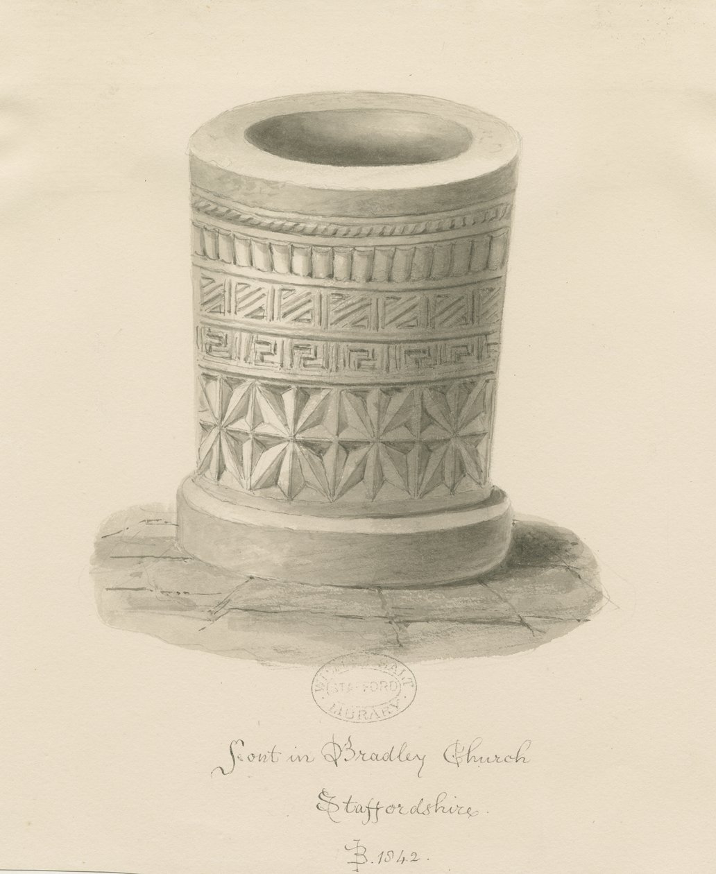 Fonte na Igreja de Bradley: desenho em sépia, 1842 de John Buckler