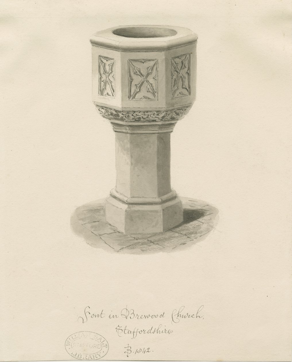 Fonte na Igreja Brewood: desenho sépia de John Buckler