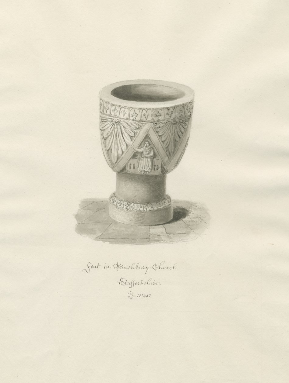 Fonte em Bushbury Church: desenho sépia de John Buckler