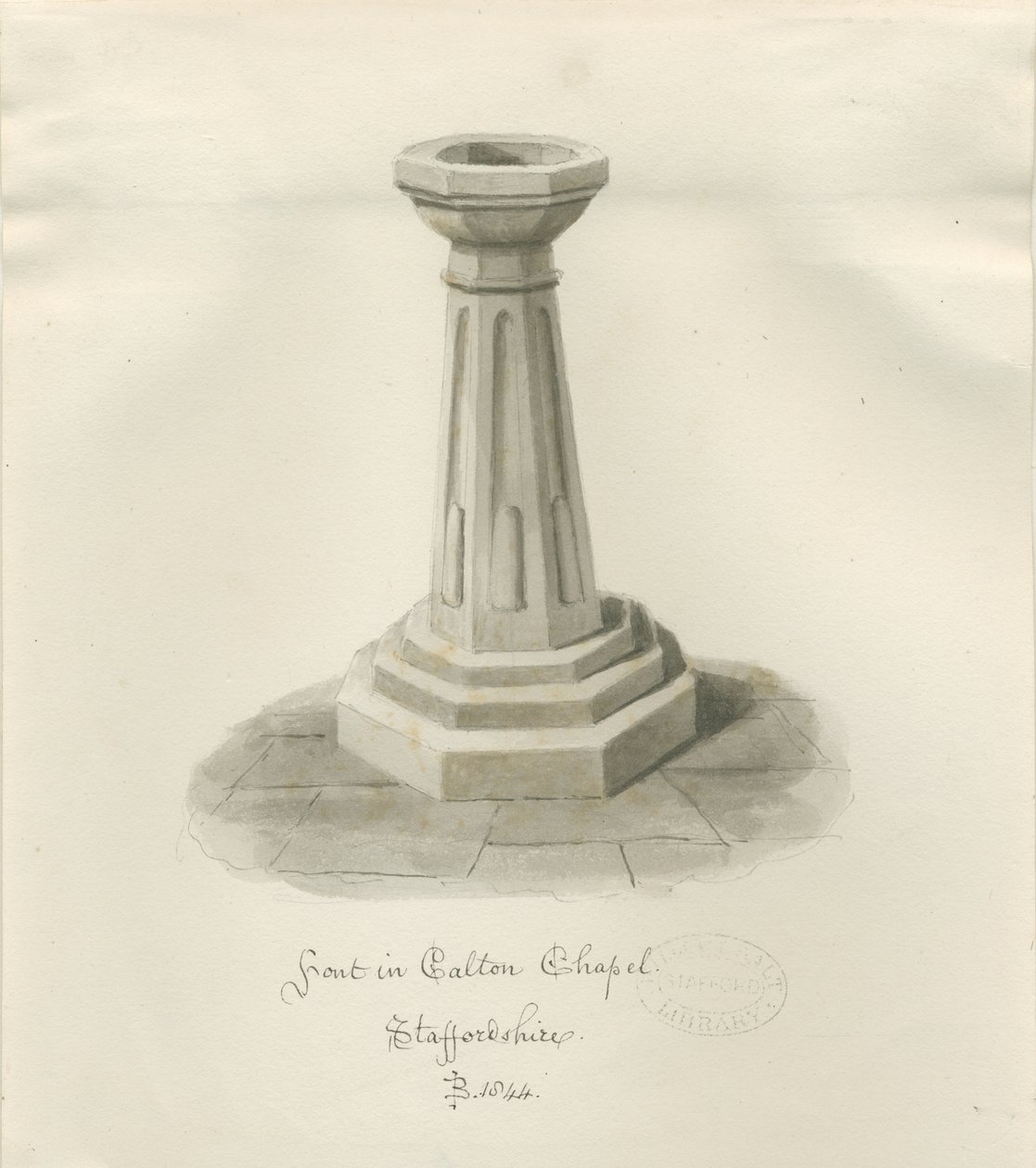 Font in Calton Chapel - Now &39;St. Igreja de Maria &39;: desenho em sépia de John Buckler