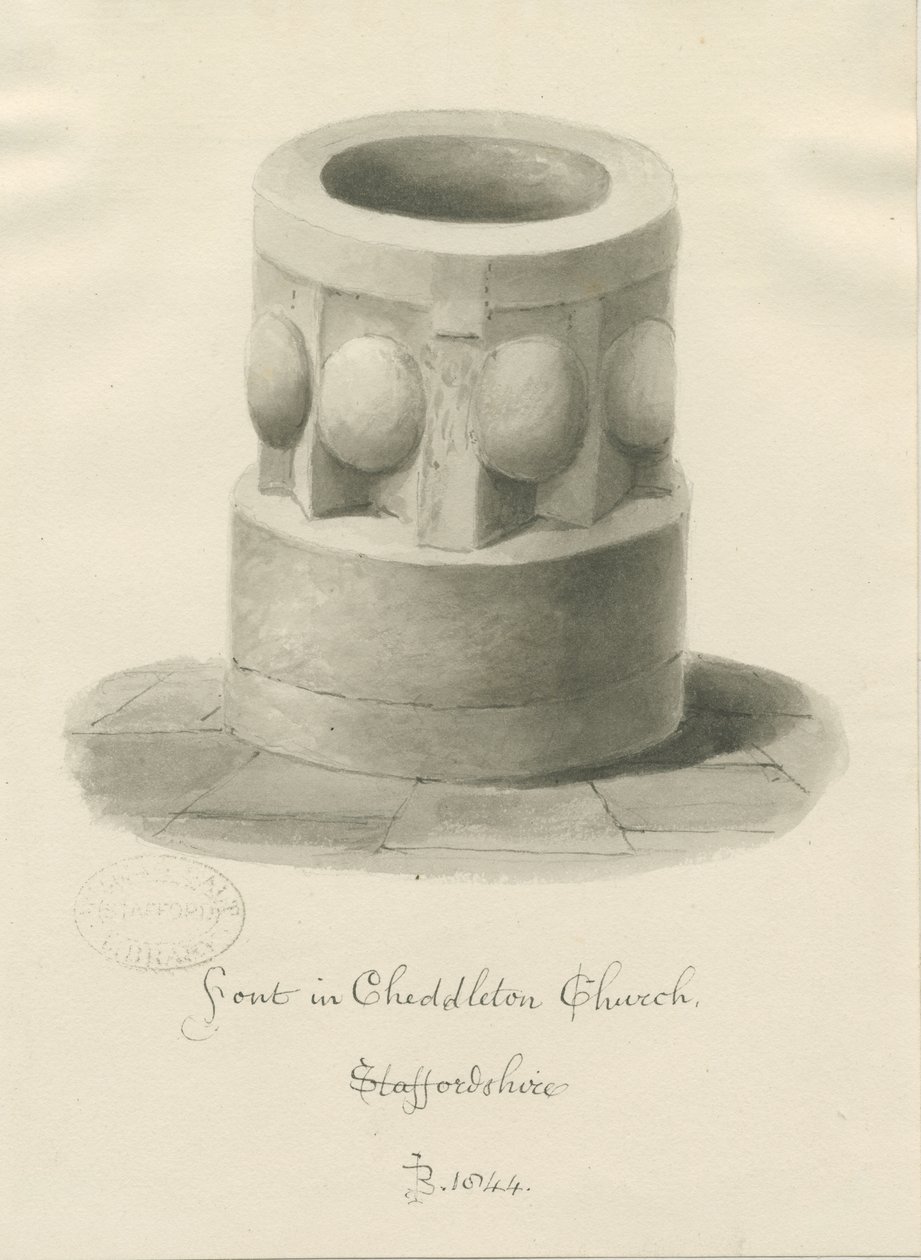 Fonte na Igreja Cheddleton: desenho sépia, 1844 de John Buckler