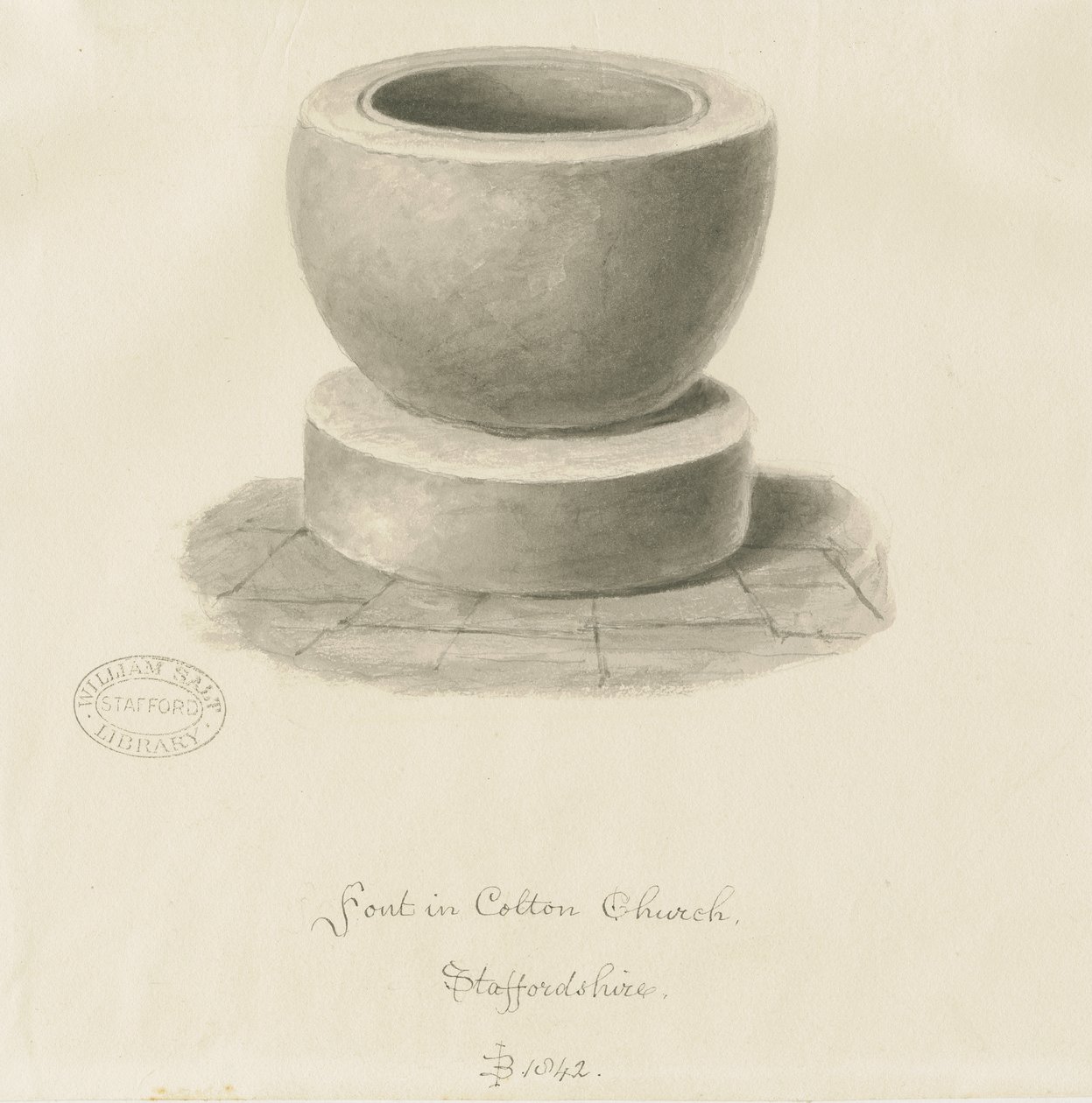 Fonte na Igreja de Colton: desenho em sépia, 1842 de John Buckler