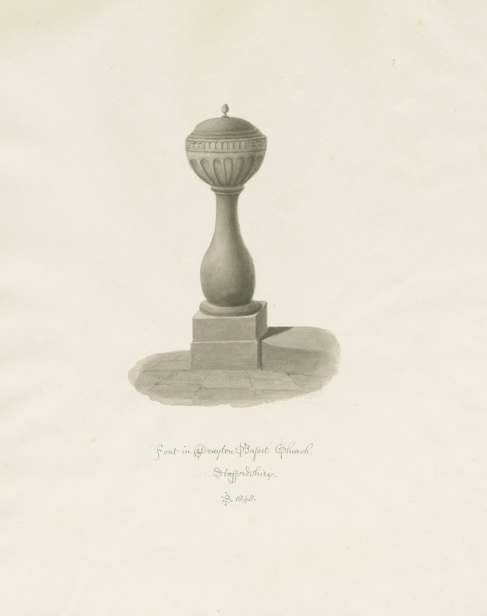 Fonte na Igreja Drayton Bassett: desenho em sépia, 1848 de John Buckler