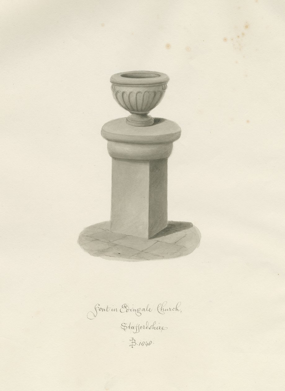 Fonte na Igreja de Edingale: desenho sépia de John Buckler