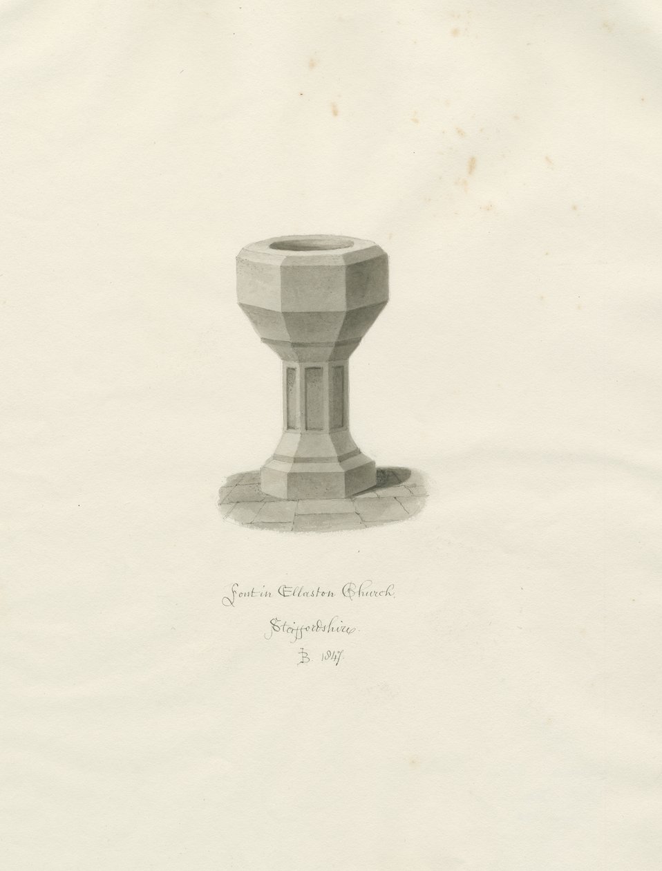 Fonte na Igreja Ellastone: desenho em sépia de John Buckler