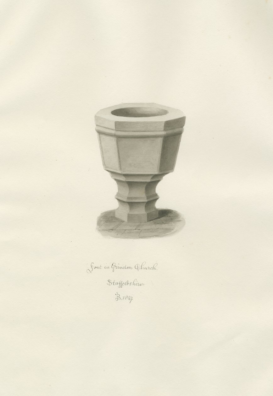 Fonte na Igreja Grindon: desenho sépia de John Buckler