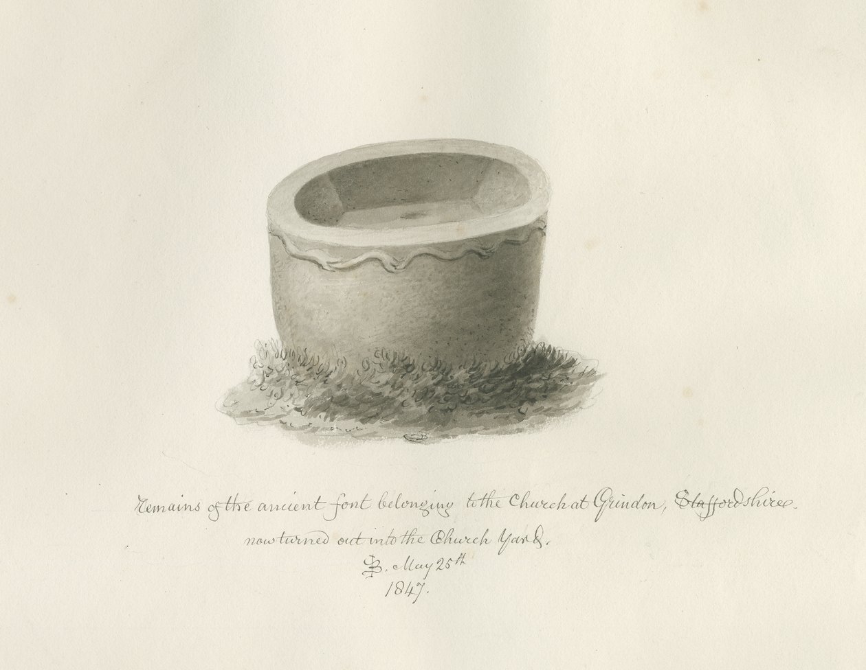 Fonte em Grindon Church: desenho sépia, 25 de Maio de 1847 (desenho) de John Buckler