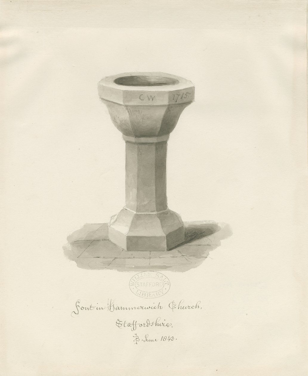 Fonte na Igreja de Hammerwich: desenho em sépia, junho de 1843 (desenho) de John Buckler