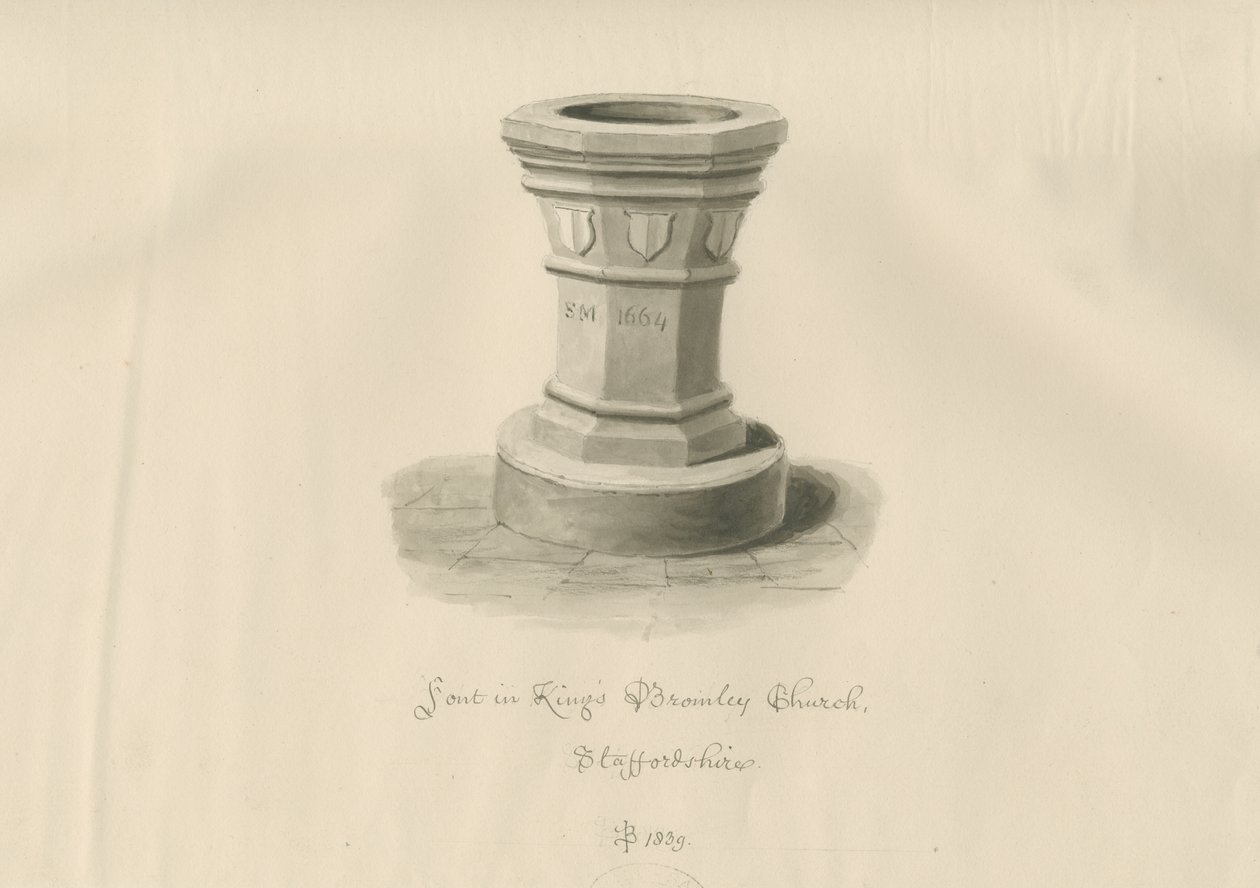Fonte na Igreja Kings Bromley: desenho em sépia, 1839 de John Buckler