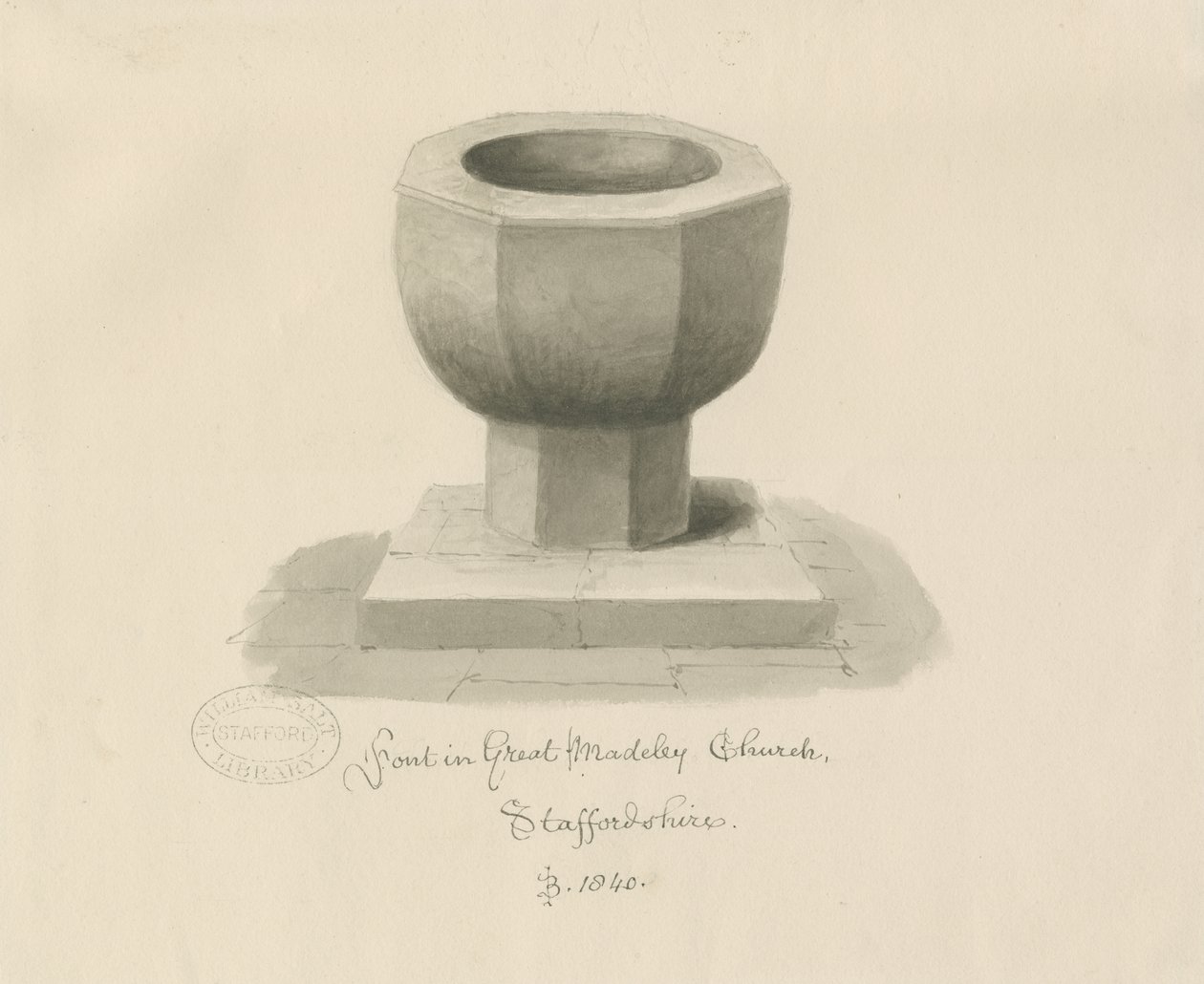 Fonte em Madeley Church: desenho sépia de John Buckler