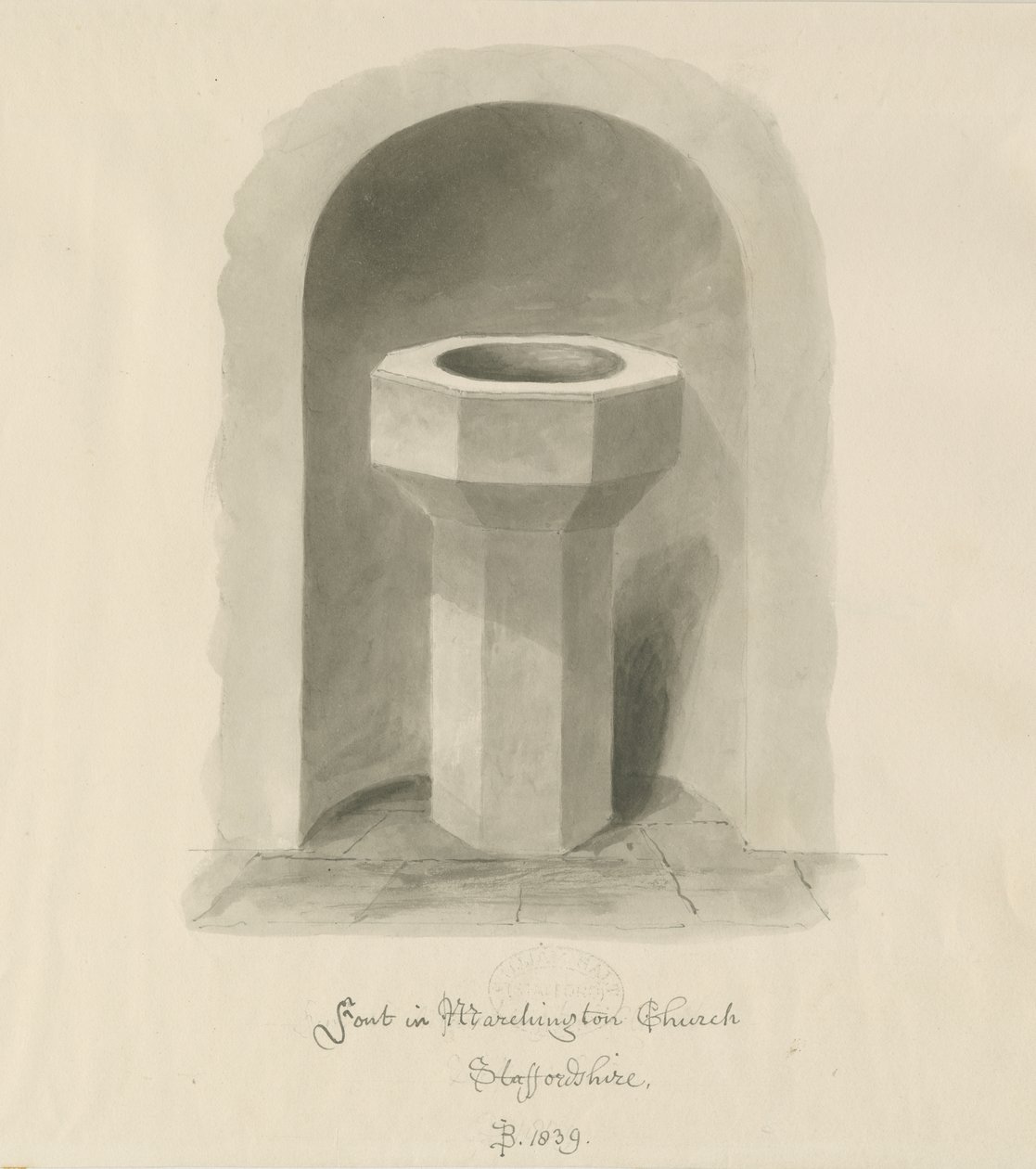 Fonte na Igreja Marchington: desenho de lavagem sépia de John Buckler
